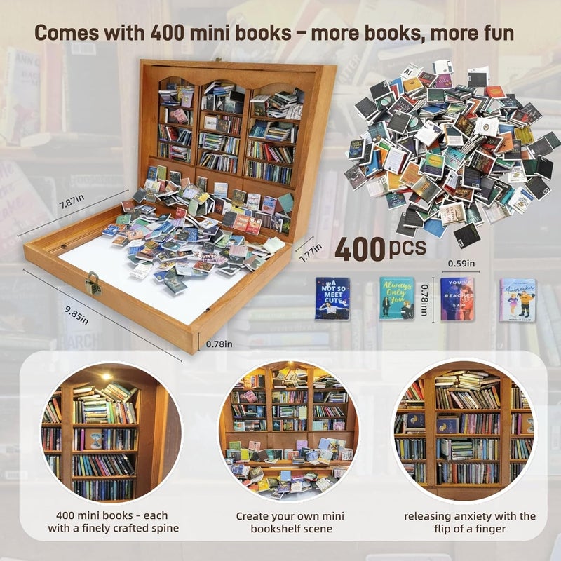 Silanit 10.2 x 9.1 x 3.1 in Anxiety Bookshelf with 400 Mini Book Pieces includes 6 Decorative Mini Lights, Miniature Bookshelf for Tiny Home, Library Decor, Book Organizer for Office Desk, Bookish Spaces - Image 2